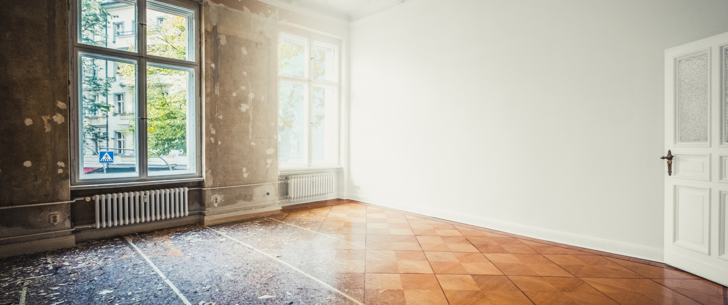 flat renovation, empty room before and after refurbishment or restoration photo merge -